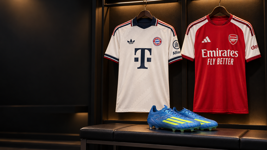 Bayern Munich and Arsenal jerseys with blue adidas F50 soccer boots in a dark football dressing room