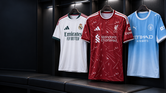 Liverpool, Real Madrid and Manchester City 2026-27 jerseys in a football dressing room