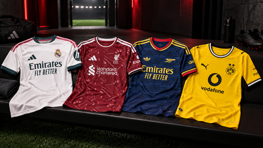 European football jerseys arranged in a stadium tunnel for the 2026-27 season