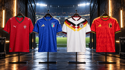 Portugal, Italy, Germany and Belgium national-team jerseys displayed in a stadium tunnel