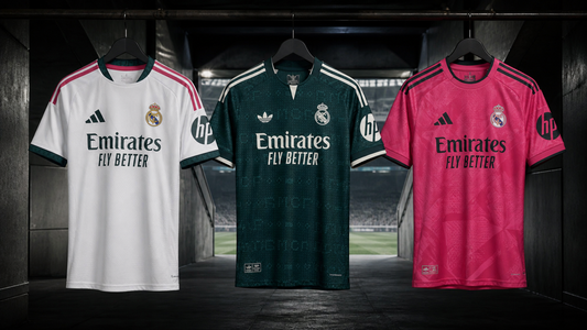 Real Madrid 2026-27 home, away and Wild Pink third jerseys in a matchday tunnel