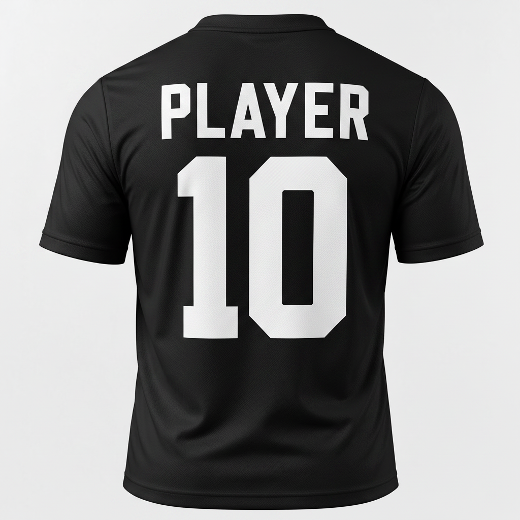 Black short-sleeve athletic jersey shown from the back with large white text reading 'PLAYER' and the number '10' on a light gray background.