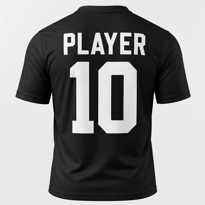 Black short-sleeve athletic jersey shown from the back with large white text reading 'PLAYER' and the number '10' on a light gray background.