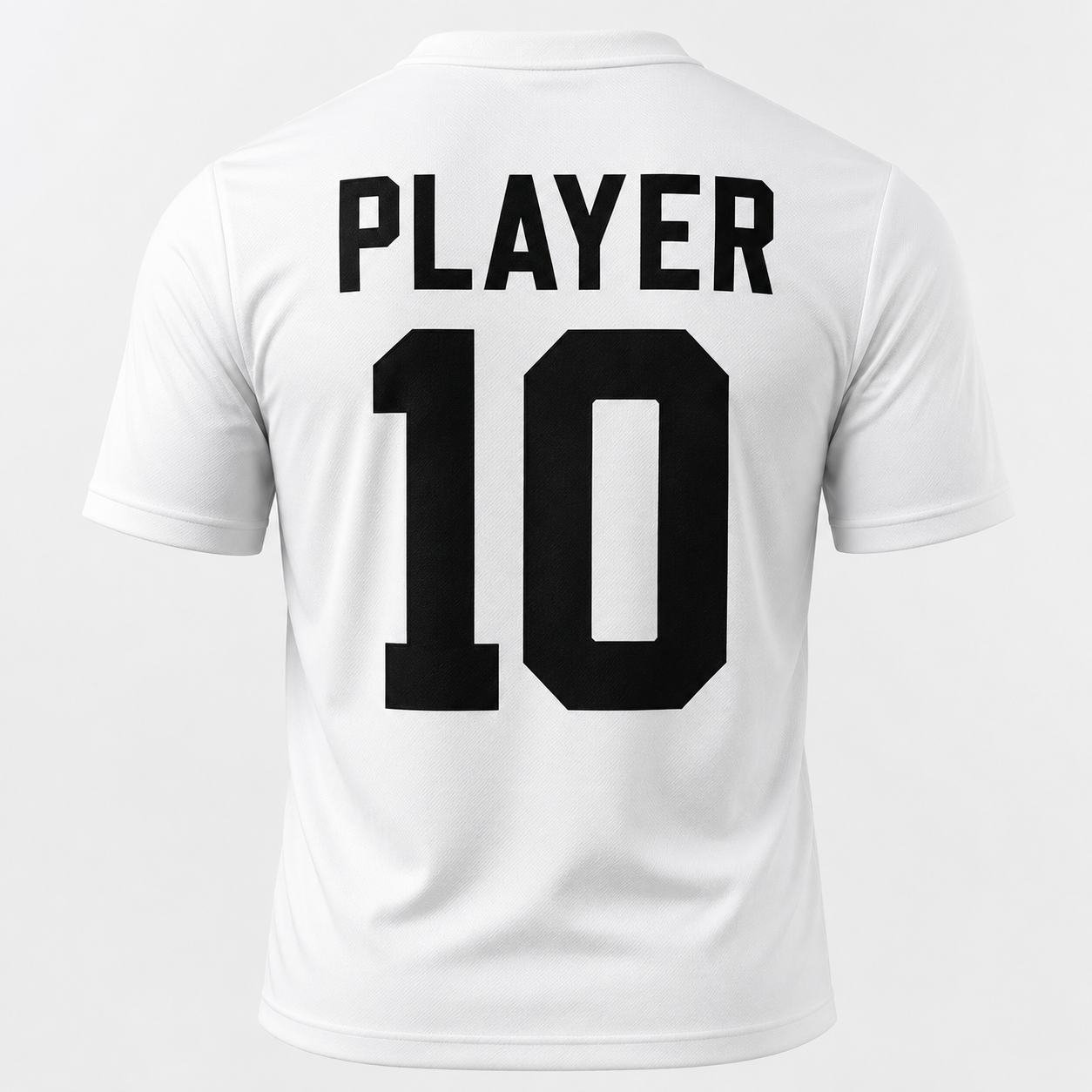 White short-sleeve soccer jersey shown from the back, featuring the word 'PLAYER' and the number '10' printed in large black block letters.