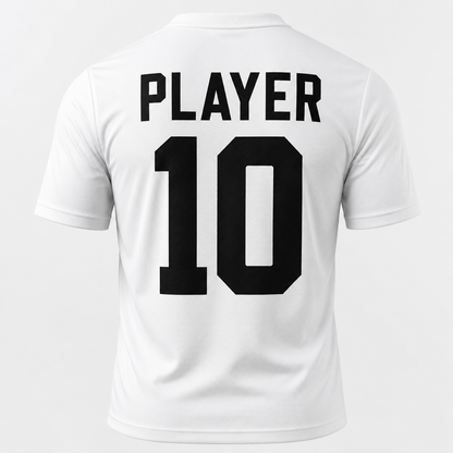 White short-sleeve soccer jersey shown from the back, featuring the word 'PLAYER' and the number '10' printed in large black block letters.