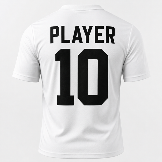 White short-sleeve soccer jersey shown from the back, featuring the word 'PLAYER' and the number '10' printed in large black block letters.