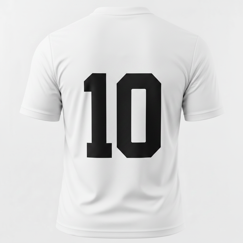 White short-sleeve athletic jersey shown from the back with large black number '10' on a light gray background.