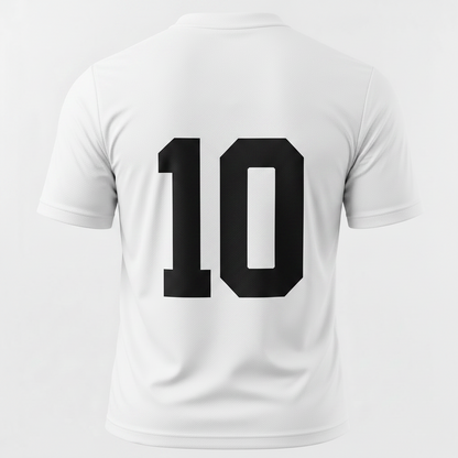 White short-sleeve athletic jersey shown from the back with large black number '10' on a light gray background.