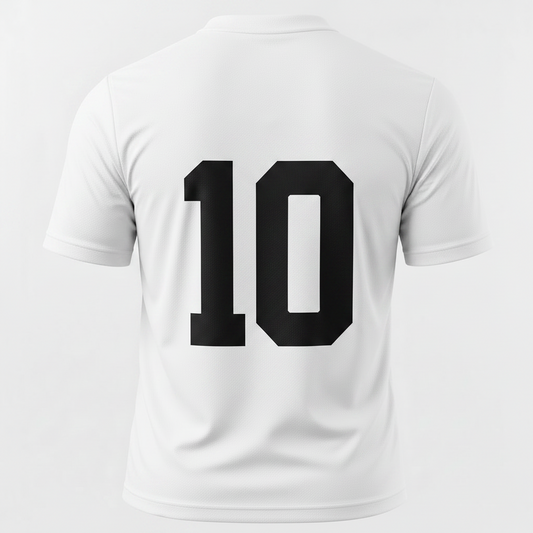 White short-sleeve athletic jersey shown from the back with large black number '10' on a light gray background.
