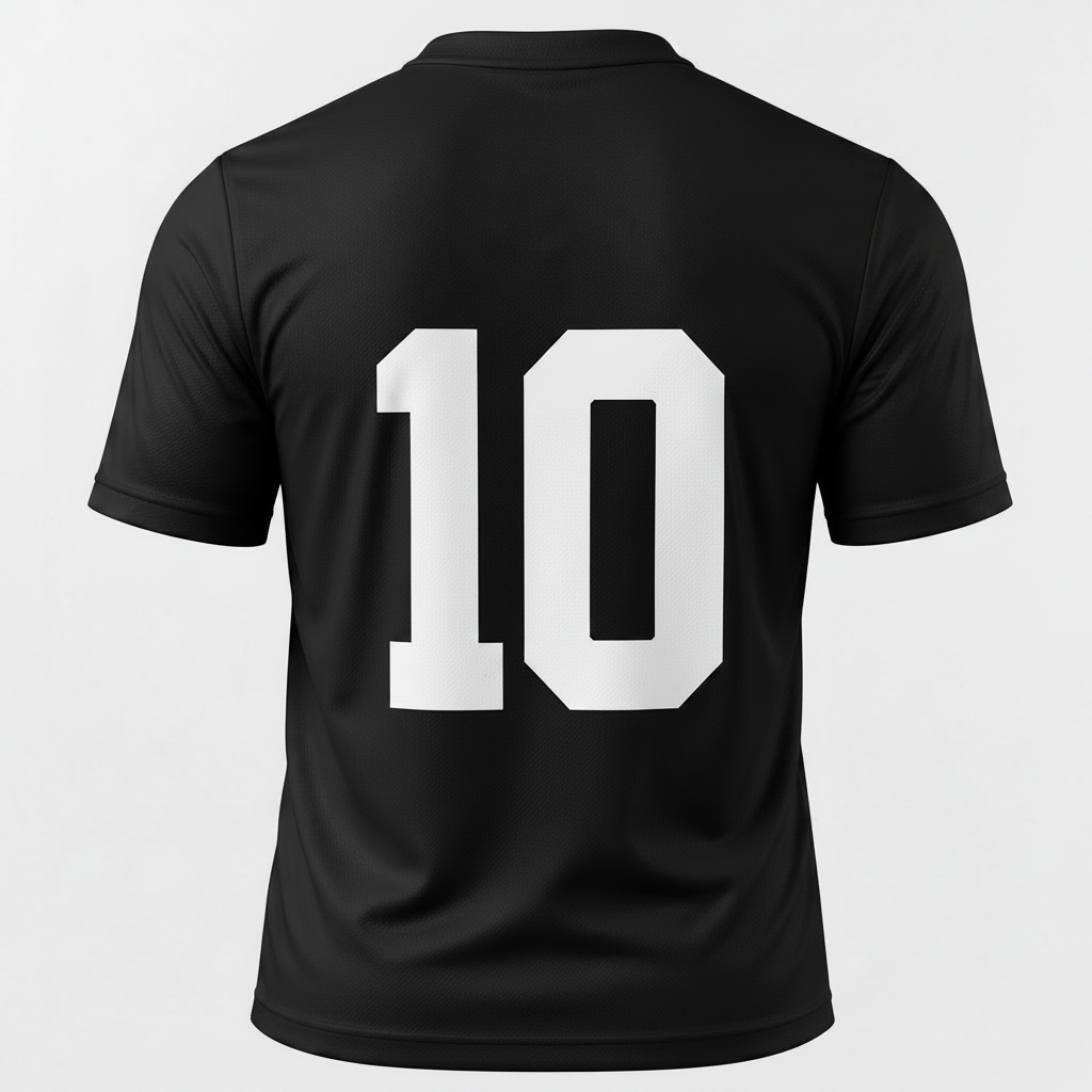 Black short-sleeve athletic jersey shown from the back with large white number '10' on a light gray background.