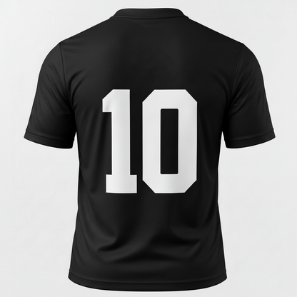 Black short-sleeve athletic jersey shown from the back with large white number '10' on a light gray background.