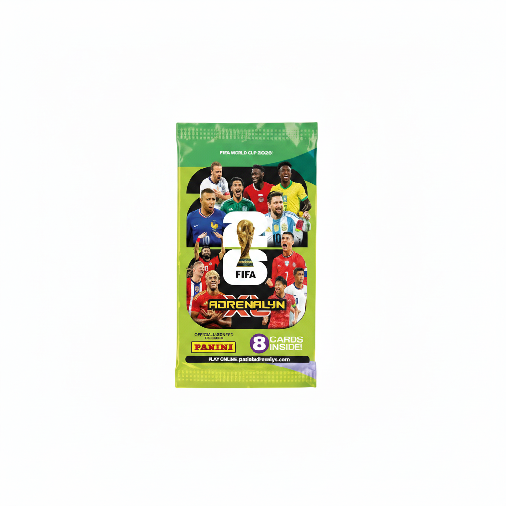 FIFA Adrenalyn XL World Cup 2026 trading card pack with player images and Panini logo.