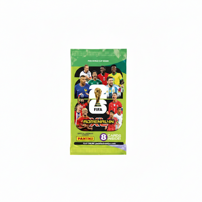 FIFA Adrenalyn XL World Cup 2026 trading card pack with player images and Panini logo.