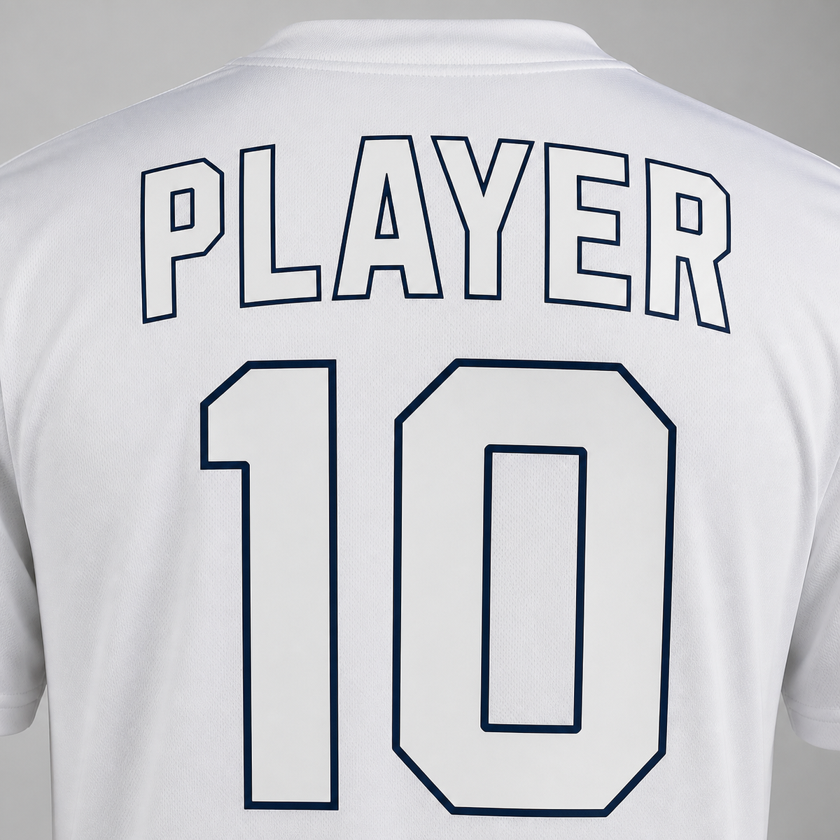 Custom print: premium outline font, PLAYER 10 on a white jersey