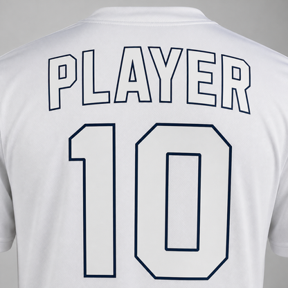 Custom print: premium outline font, PLAYER 10 on a white jersey