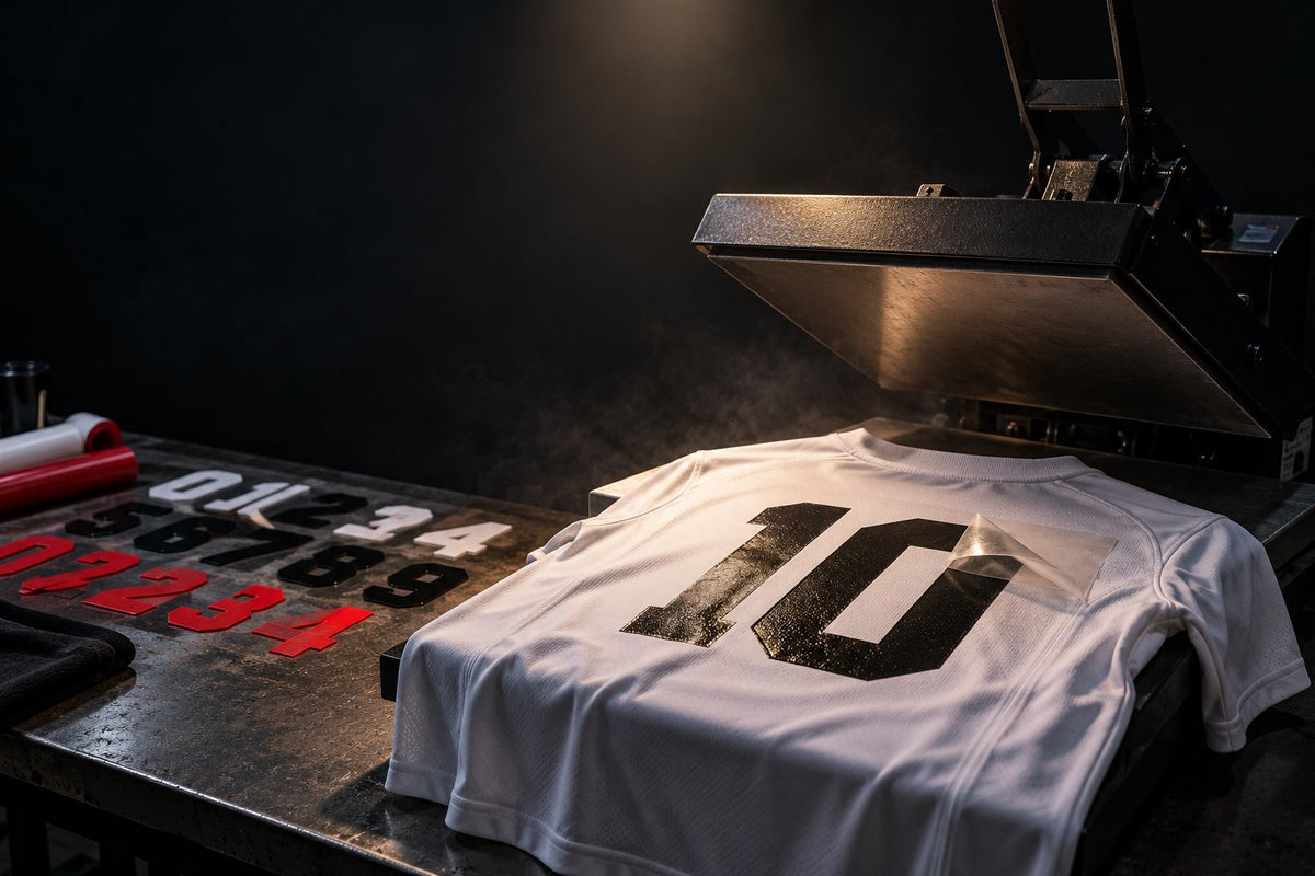 Number 10 being heat-pressed onto the back of a white football jersey
