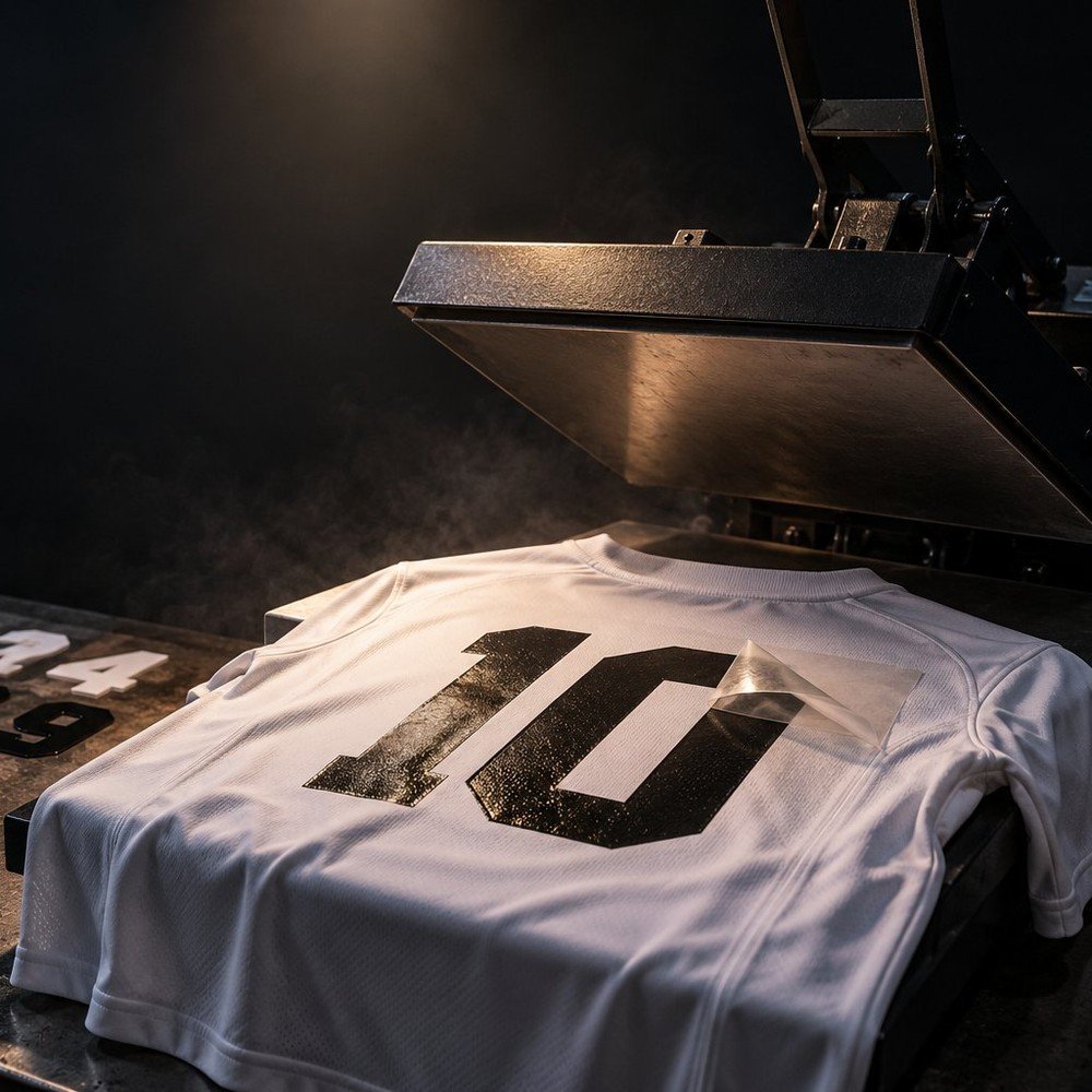 A number 10 being heat-pressed onto a jersey