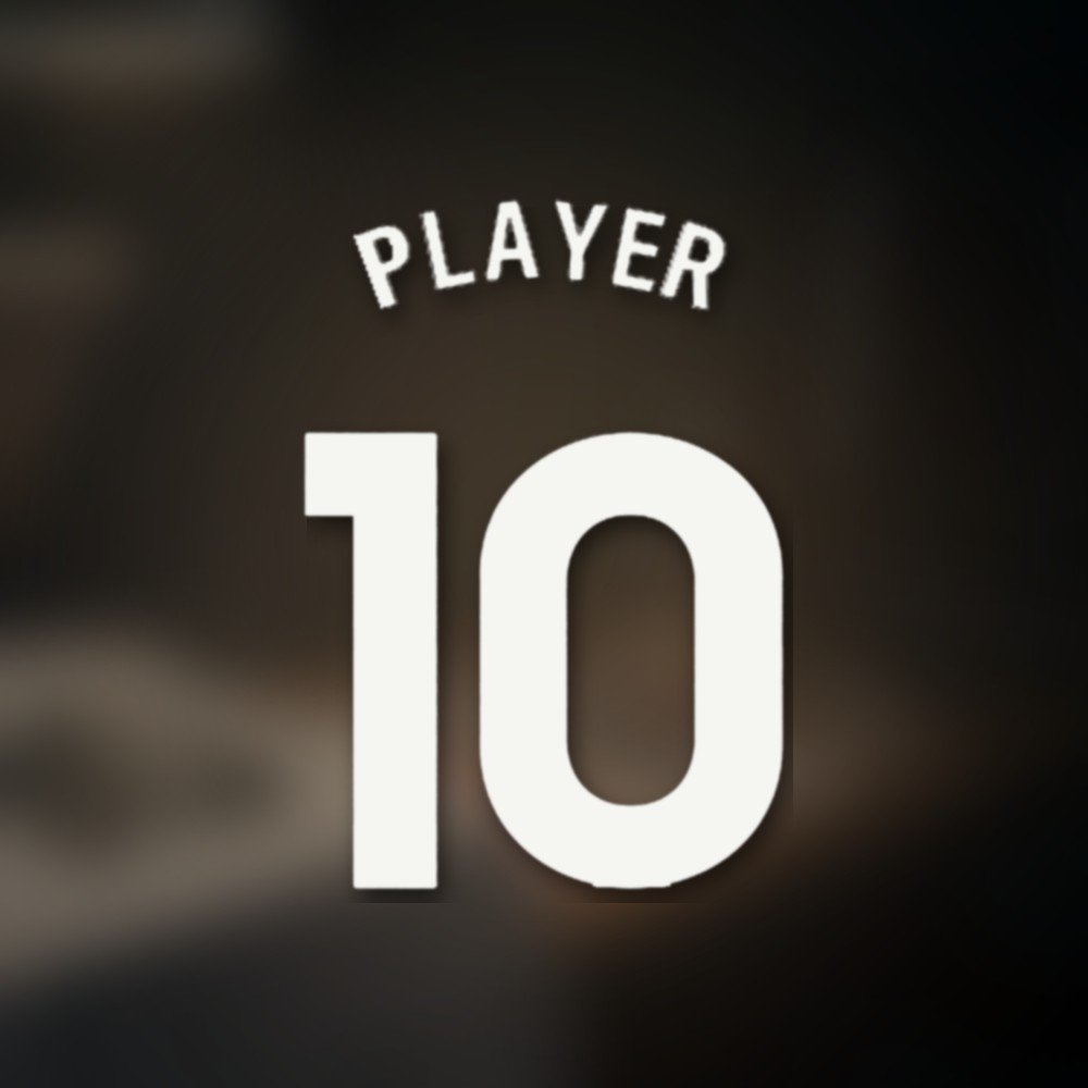 Custom print: solid white lettering similar to the official font, without league badges, PLAYER 10