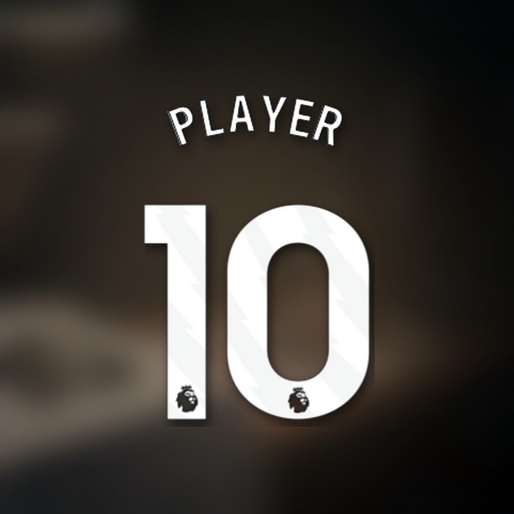 Official print: licensed Premier League font, PLAYER 10 in white with league badges