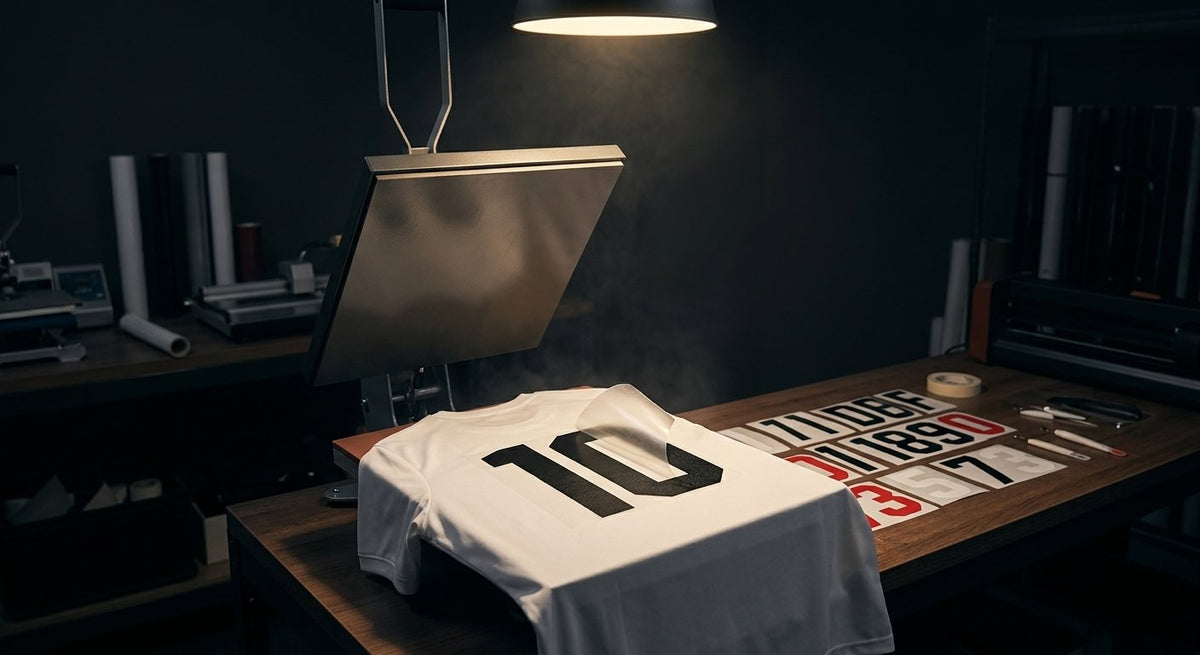 White football jersey on a heat press in the Soccer World printing workshop, with vinyl numbers on the bench