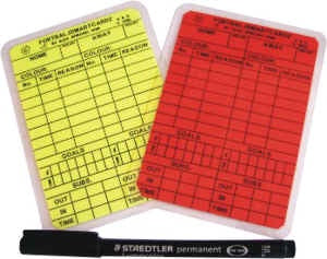 Laminated Referee write on cards - 2 pack (red and yellow). Includes felt pen.